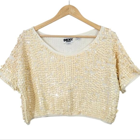 Vintage DKNY 1990s Cotton Paillette Sequined Crop Top in Ivory Size Medium - Picture 4 of 16